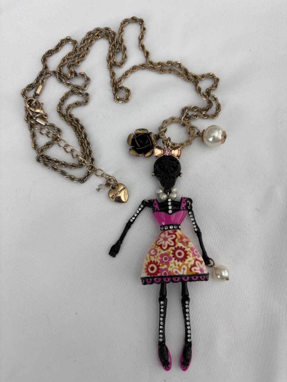 Betsey Johnson Skeleton Girl Doll Statement Necklace Pink Floral Dress